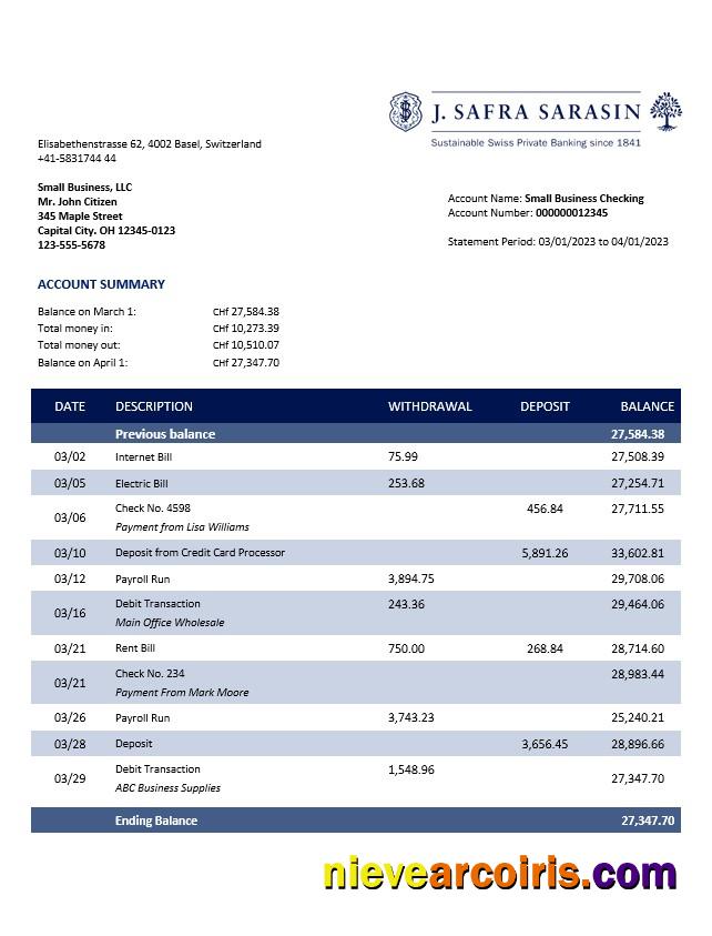 J. Safra Sarasin Bank business statement